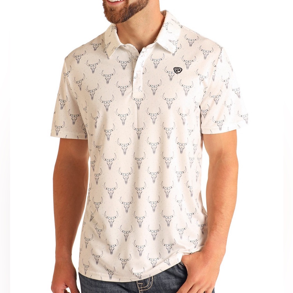 Rock & Roll Denim White Turquoise Studded Steer Longhorn Performance Polo Shirt